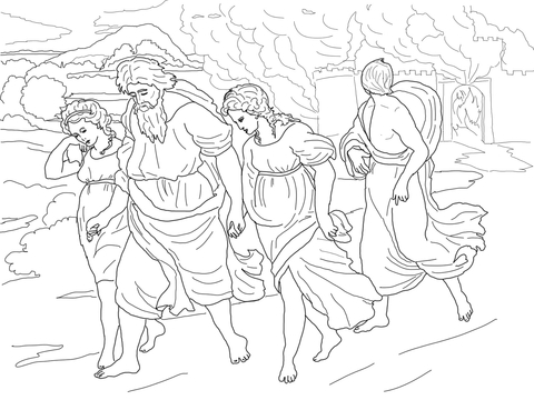 Lot And His Daughters Fleeing The Destruction Of Sodom And Gomorrah Coloring Page